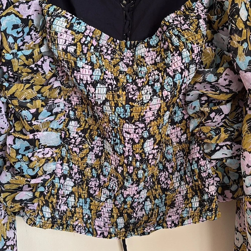 Free People Mabel Printed Ruffle Tie-Front Open-Back Floral Blouse Size Large
